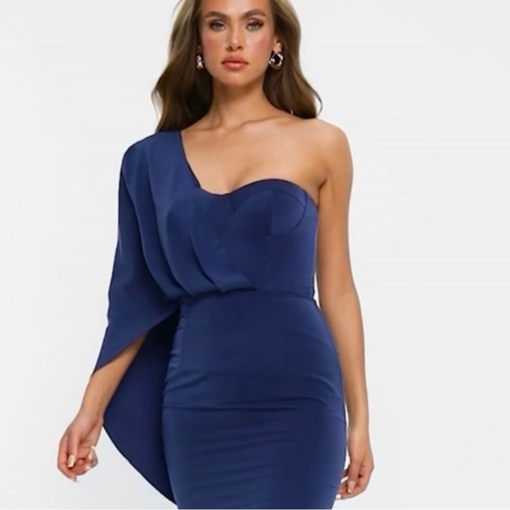 Lavish Alice One Shoulder Cape Midi Dress in Navy Blue